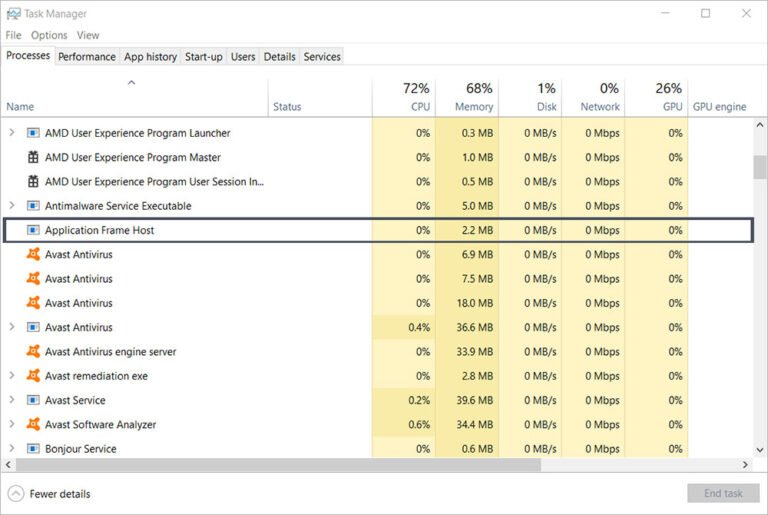 Application frame host что это за процесс windows 10